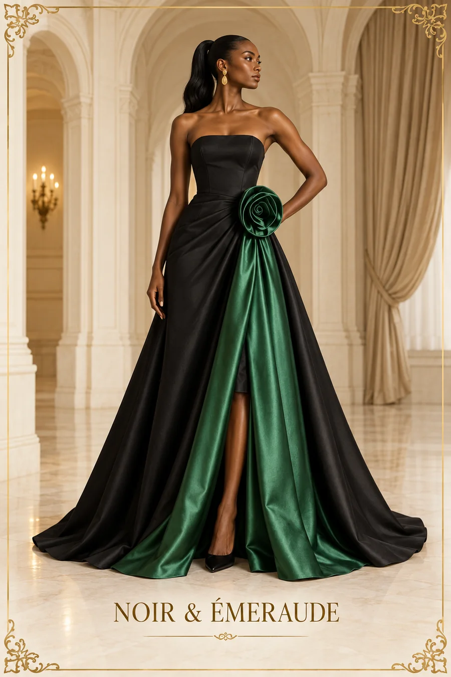 Inspiration de tenue Black Tie noire et émeraude pour Madame